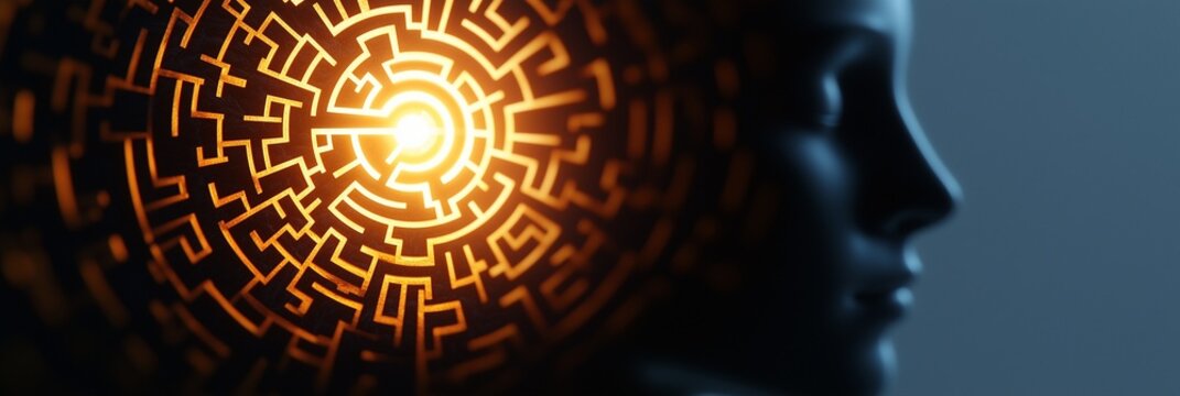 A glowing maze inside a human head silhouette, symbolizing complex thoughts, decision making, and intellectual discovery