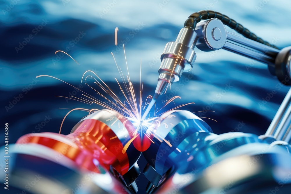 Poster robotic arm welding two metallic parts with sparks, showcasing industrial automation and precision.