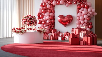Romantic Valentine's Day event setup, red balloons, gifts, flowers, modern room