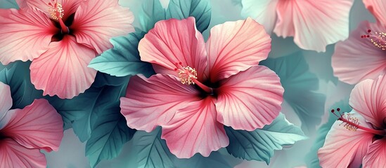 Close-up of pink hibiscus flowers with teal leaves.