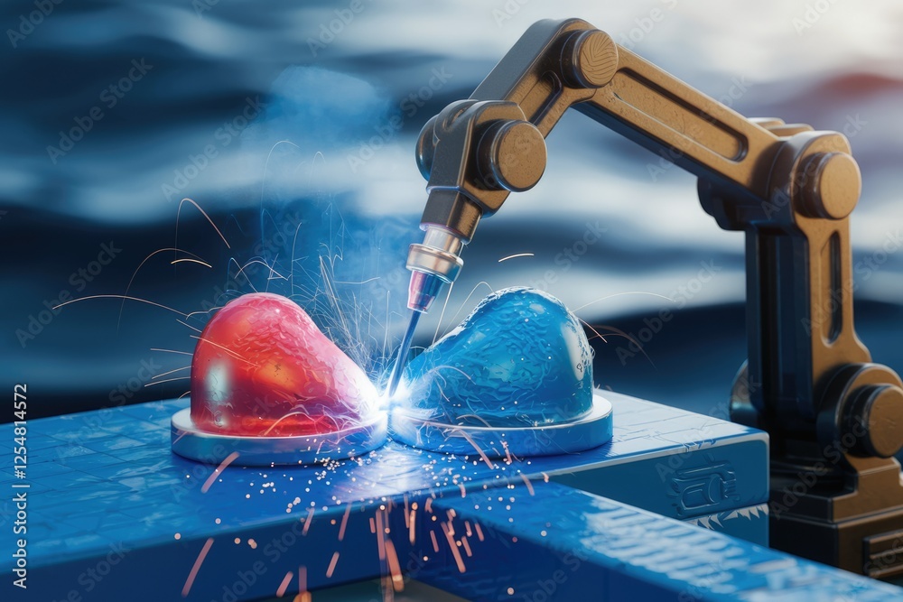 Poster A robotic arm precisely welds two differently colored objects together, showcasing advanced automation in manufacturing.