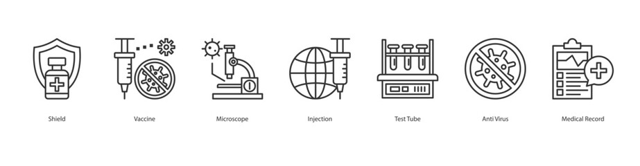 Vaccine Research Icon Sheet Anti Virus, Medical Record, Shield, Vaccine, Microscope, Injection, Test Tube