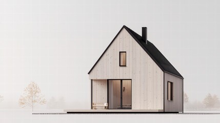 Fototapeta premium Modern Minimalist Cottage: A contemporary architectural masterpiece featuring sleek, clean lines, and simple design, the white cottage showcases wood siding, a black roof.