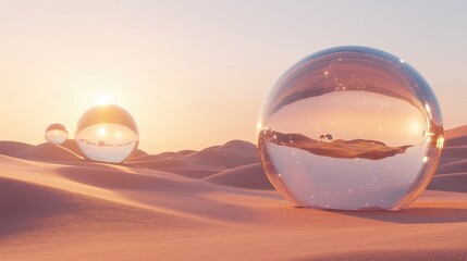 Desert landscape with glass spheres reflecting sunset. Conceptual background for environmental awareness