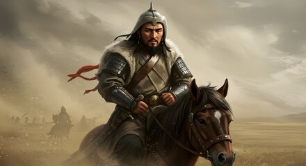 Fototapeta premium Warrior Riding Horse Across Plains Under Dramatic Sky Digital Art