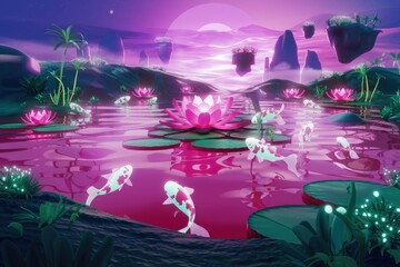 Fototapeta premium Surreal pink landscape with floating islands, koi fish swimming in a lotus pond under a vibrant sunset.