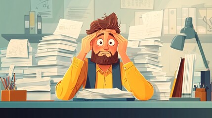 Stressed Office Worker Surrounded by Paperwork Expresses Anxiety and Overwhelm in a Chaotic Workspace Filled with Files and Document Stacks
