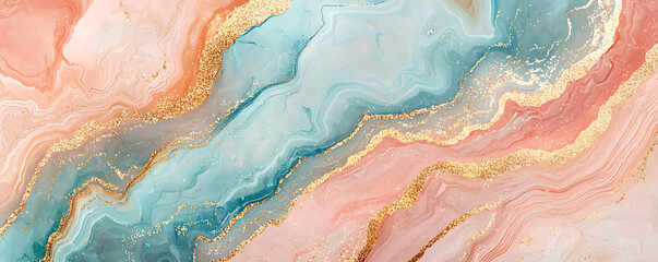 Fototapeta premium A vibrant abstract fluid art texture featuring soft pastel blue, pink, and gold tones with dynamic swirling waves and elegant metallic highlights in a luxurious composition.