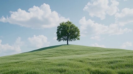 Lone tree hilltop, sunny meadow, blue sky, clouds, nature serenity