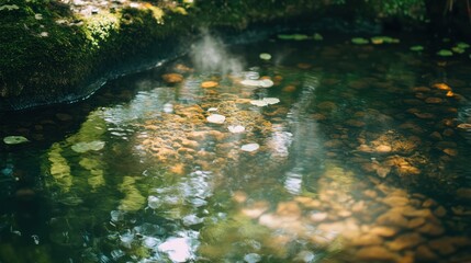 Forest stream, steaming water, mossy rocks, sunlight, nature scene