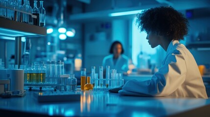 Obraz premium Scientist analyzes samples in lab at night, colleague in background