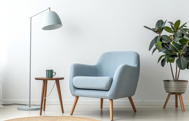 A blue armchair with a wooden frame sits in a white room with a plant in a pot and a lamp