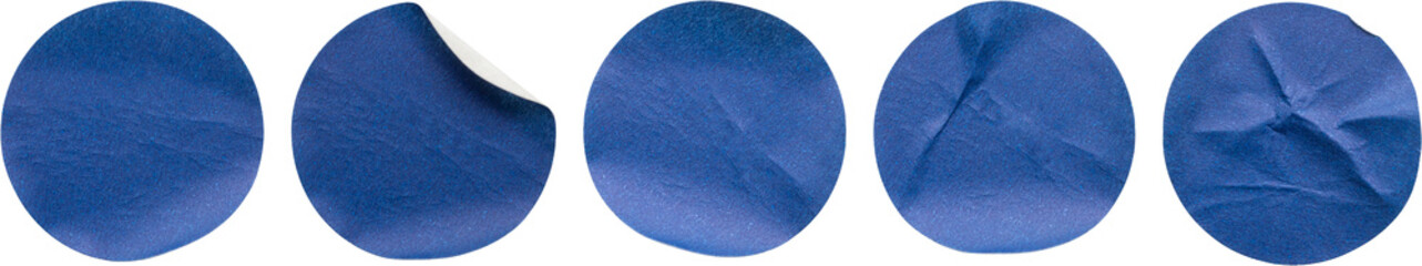 Blank blue round adhesive paper sticker label set isolated on white background