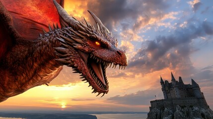 Obraz premium Fierce red dragon head at sunset, dramatic sky, looming over castle silhouette, fantasy scene, digital art style, pixelated dragon, epic landscape