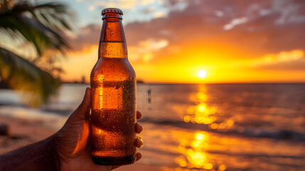 Sunset Beer: A hand holds a bottle of beer against a vibrant sunset over the ocean, palm trees silhouetted in the distance. The perfect image for relaxation, vacation, and summer vibes. 