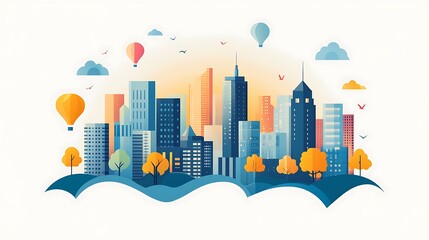A Vibrant Cityscape with Hot Air Balloons and Trees