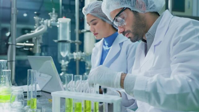 Science, cannabis and scientist with plant in laboratory for research, biology and study medicine. Healthcare, agriculture and men with weed or marijuana leaf for medical treatment, drugs or analysis