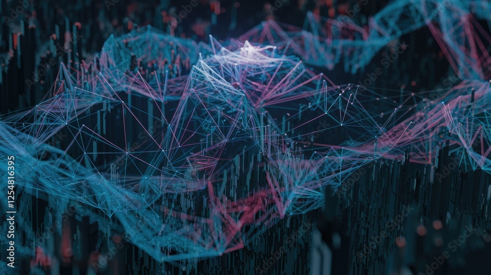 Aufkleber Abstract digital landscape with interconnected nodes and lines forming a complex network structure.