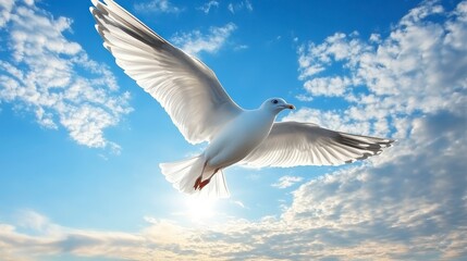 Fototapeta premium A seagull flies high above a brilliant sky, speckled with fluffy white clouds. The light of the sun highlights the bird's form from behind