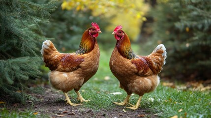 Two hens facing, autumn garden, farm, nature