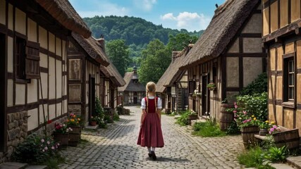 A german girl in traditional attire walking through a picturesque village with cobblestone streets and lush hills
