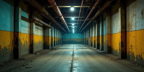 A dimly lit, aged subterranean passageway with peeling paint, revealing layers of history and decay; industrial pipes overhead cast long shadows on the weathered concrete floor.