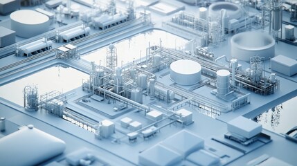 Obraz premium White industrial complex aerial view, infrastructure, refinery, pipes, production, design, background, blueprint, 3D model, illustration