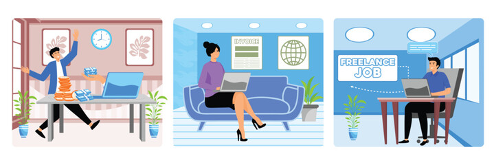 Bank account concept with men happy. Fill out an invoice using computer. Freelance designer.