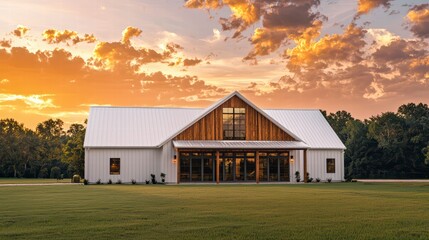 Obraz premium Modern Farmhouse at Sunset: A pristine modern farmhouse stands proudly against a backdrop of a breathtaking sunset, its wooden accents glowing in the warm light.