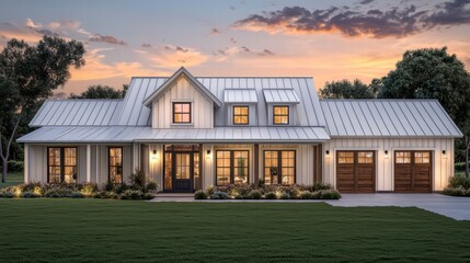 Fototapeta premium Modern Farmhouse at Dusk: A charming modern farmhouse with a white exterior and a metal roof glows softly in the warm twilight, showcasing classic farmhouse elements with a contemporary twist.