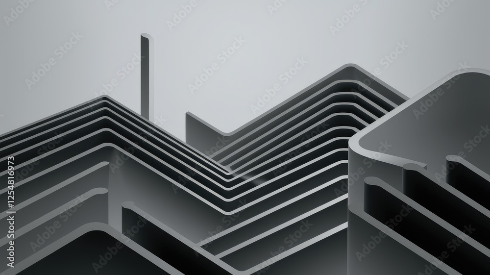 Aufkleber Abstract grayscale image of layered geometric shapes resembling a modern architectural structure.