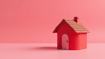 Obraz premium A charming miniature red house model with a brown roof sits on a pink surface, symbolizing dreams of homeownership and a cozy living space.