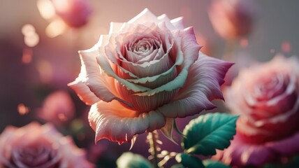 A single rose blossoms in soft light, surrounded by other roses in a garden.