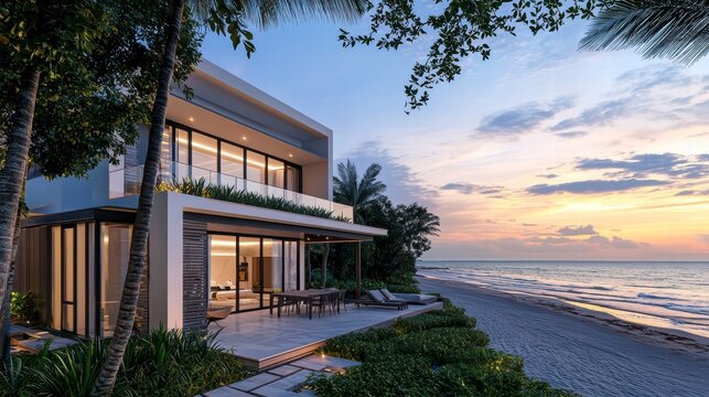 Beachfront Villa at Sunset: A stunning modern villa with expansive glass windows and a spacious patio sits directly on a pristine beach, bathed in the warm glow of a breathtaking sunset.