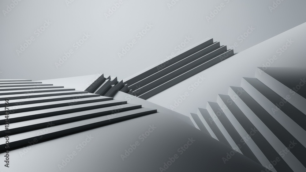 Poster Abstract grayscale 3D rendering of intersecting staircases, creating a complex geometric composition.
