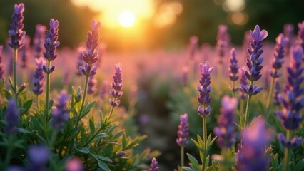 Obraz premium Golden Hour Lavender Field A tranquil scene of delicate purple lavender blossoms bathed in the warm glow of the setting sun, creating a serene and peaceful atmosphere.