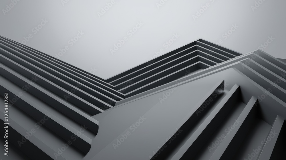 Poster abstract grayscale image depicting a complex interplay of layered geometric shapes resembling stairs