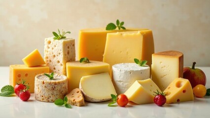 A delectable assortment of various cheeses, arranged artfully with fresh herbs and ripe fruit, presents a delightful culinary scene.