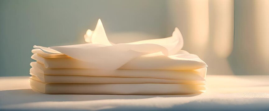 A neat stack of tissues, perfectly aligned, glowing softly under a warm golden light