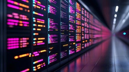 Vibrant Data Display: Engaging Digital Flow of Information Illuminated by Colorful Light Arrays. Inventory Management, System, Management Concept