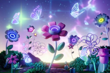 A whimsical 3D rendered scene of glowing flowers and butterflies in a magical garden.