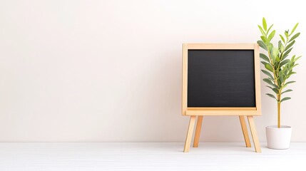 Minimalistic interior scene featuring a wooden chalkboard and a potted plant against a neutral wall