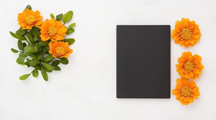 A flat lay of vibrant orange flowers surrounding a blank black notebook on a light background