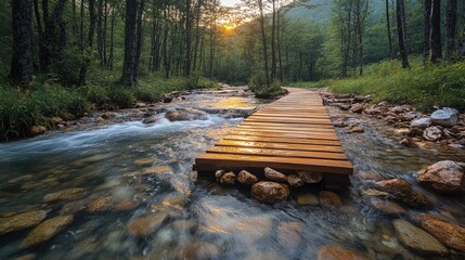 Serene wooden pathway crossing a tranquil stream at sunset, surrounded by lush green forest