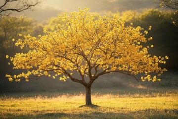 Fototapeta premium Golden tree in a sunlit field, blossoms vibrant. Perfect for nature, spring, or serenity themes, evokes peace and tranquility.