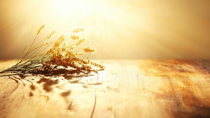 Sunlit wheat arrangement on rustic wooden table with warm glow and soft background light