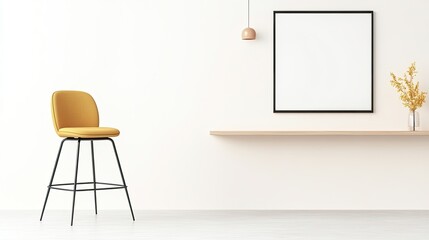 Minimalist interior design featuring a yellow bar stool, empty frame, and decorative shelf