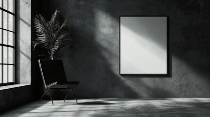 Modern minimalist interior featuring a blank frame, a chair, and shadows from a window