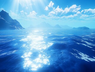 Serene ocean scene with sunlit mountains and clouds.