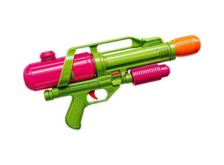 A vibrant green plastic water gun and pink orange detail with a futuristic